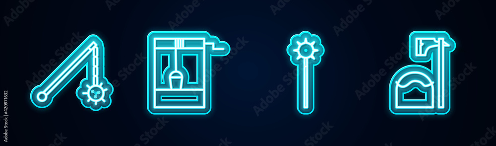 Poster set line medieval chained mace ball, well with bucket, and executioner axe tree block. glowing neon 
