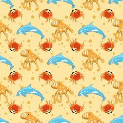 Sea creatures vector repeat pattern on yellow background