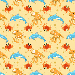 Sea creatures vector repeat pattern on yellow background