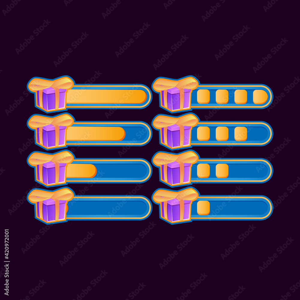 Poster set of funny casual gift progress bar for game ui asset elements vector illustration