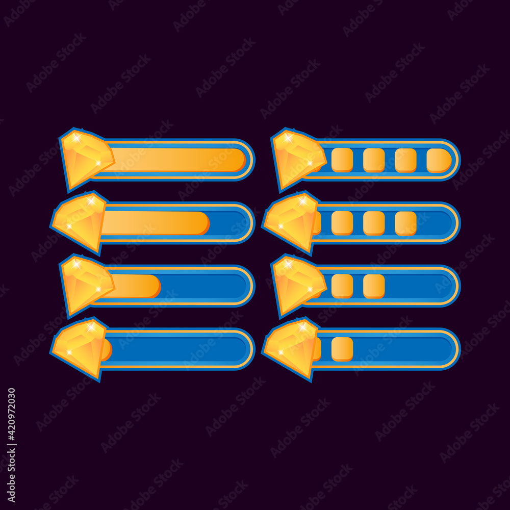 Poster set of funny casual gems progress bar for game ui asset elements vector illustration