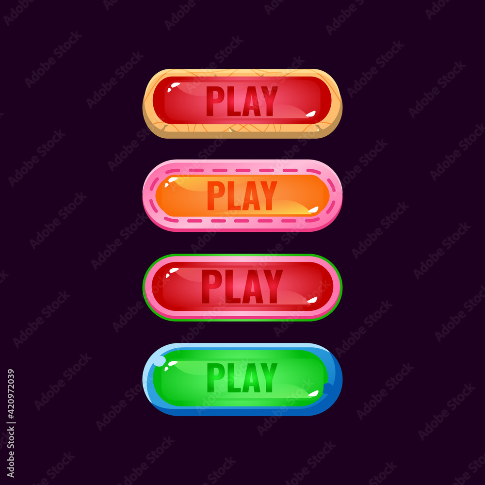 Poster set of game ui fantasy diamond and jelly colorful play button for gui asset elements vector illustra