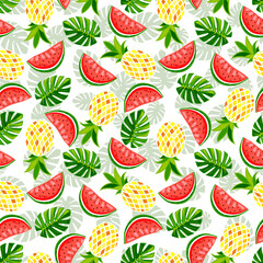 Summer fruit and leaves seamless pattern. Pineapple, watermelon, monstera and strawberry vector print. Texture for printing on summer textiles and phone case..