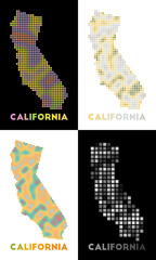 California map. Collection of map of California in dotted style. Borders of the us state filled with rectangles for your design. Vector illustration.