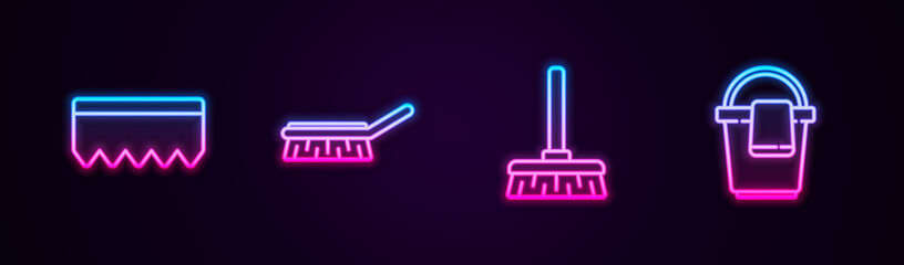 Set line Sponge with bubbles, Brush for cleaning, Handle broom and Bucket rag. Glowing neon icon. Vector