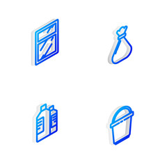 Set Isometric line Garbage bag, Cleaning service for windows, Bottles cleaning agent and Bucket icon. Vector