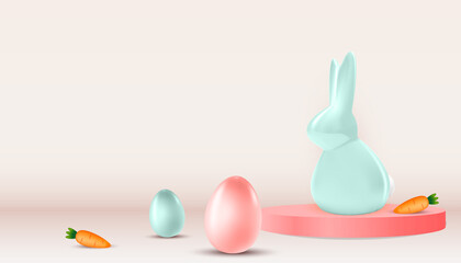 Easter poster template with 3d realistic Easter eggs, bunny and Carrot. Template for advertising, poster, flyer, greeting card. Vector Illustration