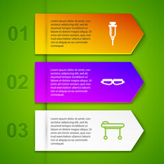 Set line Syringe, Safety goggle glasses, Stretcher and Bedpan. Business infographic template. Vector