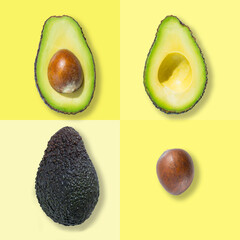 Top view of fresh ripe whole avocado fruit, cut in half and bone isolated on yellow background