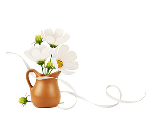 Brown clay jug with cosmos flowers and satin decorative ribbon isolated on white background