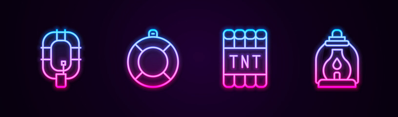 Set line Inflatable boat, Lifebuoy, Detonate dynamite bomb stick and Camping lantern. Glowing neon icon. Vector