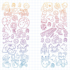 Children play with toys in the kindergarten. Kids playground. Education, creativity, imagination.