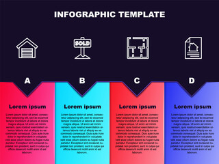 Set line Garage, Hanging sign with text Sold, House plan and contract. Business infographic template. Vector