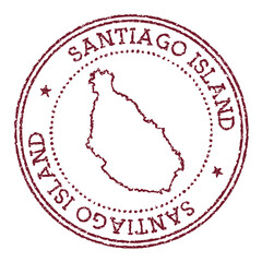 Santiago Island round rubber stamp with island map. Vintage red passport stamp with circular text and stars, vector illustration.