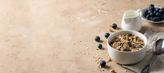 Healthy breakfast large background for web banner. Natural muesli made from mix of unprocessed whole grains with blueberry,  and milk