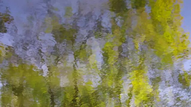 Gently rippling water surface reflects woodland trees in soft colors and creates a soothing nature visual.