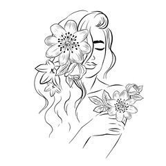 Portrait of a beautiful girl with flowers in her hair. One line trend. Fashion. Femininity. Vector illustration
