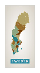 Sweden map. Country poster with regions. Old grunge texture. Shape of Sweden with country name. Stylish vector illustration.