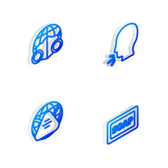 Set Isometric line Man coughing, Earth with medical mask, and Bar of soap icon. Vector