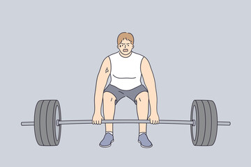 Powerlifting, sport lifestyle, weight lifting concept. Aggressive strong muscular man in sportswear doing deadlift Exercise during workout vector illustration 