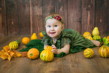 Fototapeta premium Cute little girl up to 1 year old in a green cute dress and a floral wreath with small yellow and orange pumpkins on a brown wooden background 