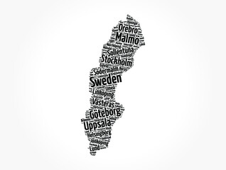 List of cities and towns in Sweden, map word cloud collage, business and travel concept background