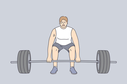 Powerlifting, sport lifestyle, weight lifting concept. Aggressive strong muscular man in sportswear doing deadlift Exercise during workout vector illustration 