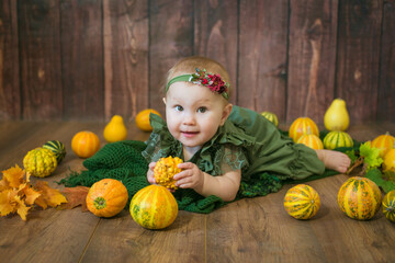 Fototapeta premium Cute little girl up to 1 year old in a green cute dress and a floral wreath with small yellow and orange pumpkins on a brown wooden background 