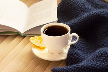 Obraz na płótnie Canvas tea, a blanket and a book