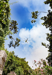 Wildfires in Turkey. Kemer. Firefighter helicopter. Mountain ranges