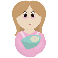mom in pink dress holds newborn baby in her arms, vector illustration,