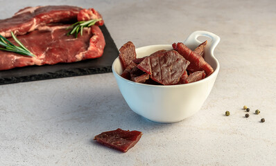 tasty thin strips of selected beef. marinated, smoked, and dried meat jerky. high in protein snacks. 