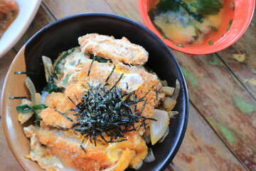Ebi Katsudon (bowl of rice topped with prawn cutlets) Japanese food style.