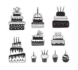 Holiday cream cake with candles vector set, muffins, cupcakes in art line drawing. Set of holiday sweets in black one line. Doodle icons for birthday, New year, Christmas, wedding in minimalism design
