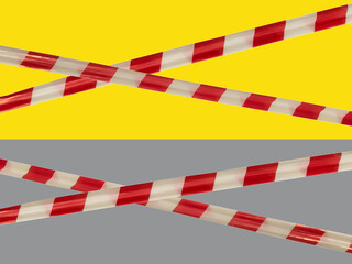 Red and white warning lines of barrier tape prohibit passage. Barrier on yellow and gray isolated. Cross that prohibits traffic. Danger unsafe area warning do not enter. Concept no entry. Copy space