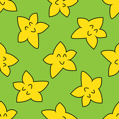 Seamless pattern with smiling yellow stars on green background.