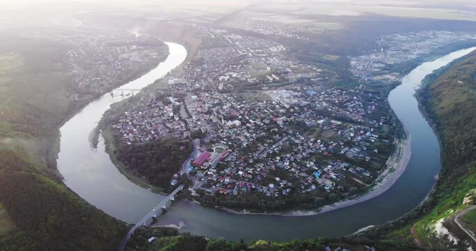 Fascinating view of the winding river around the town from a bird's eye view.