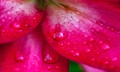 Water drops after rain on Lily flower petals closeup