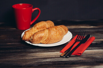 fresh croissants serving table breakfast dessert coffee