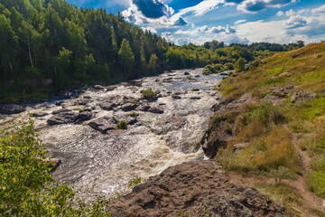 Fast river with rocky banks, overgrown with trees in summer