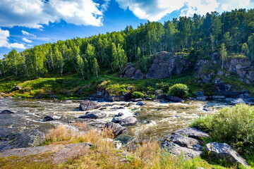 Fototapeta na wymiar Fast river with rocky banks, overgrown with trees in summer