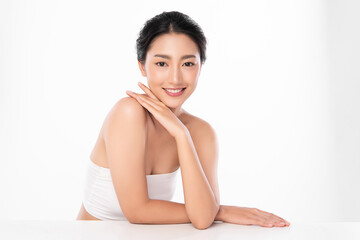 Fototapeta premium Beautiful young asian woman with clean fresh skin on white background, Face care, Facial treatment, Cosmetology, beauty and spa, Asian women portrait