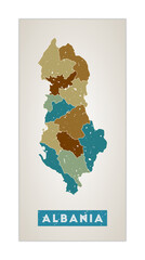 Albania map. Country poster with regions. Old grunge texture. Shape of Albania with country name. Captivating vector illustration.