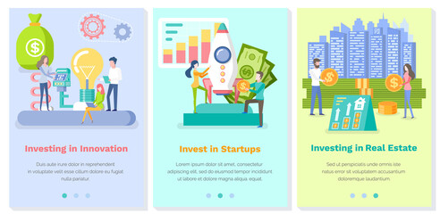 Set of illustrations on the topic of investing in startups, innovation and the real estate