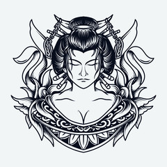 Fototapeta na wymiar tattoo and t-shirt design black and white hand drawn illustration geisha engraving ornament