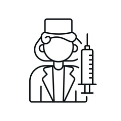 Coronavirus vaccination linear icon with syringe and nurse. Medicine and health care concept. Thin line customizable illustration. Vector isolated outline drawing. Editable stroke