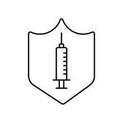 Coronavirus vaccination linear icon with syringe. Medicine and health care concept. Thin line customizable illustration. Vector isolated outline drawing. Editable stroke