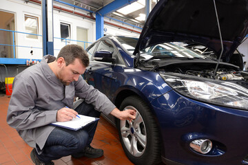Plakat mechanic in a workshop checks and inspects a vehicle for defects