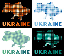 Ukraine map. Collection of map of Ukraine in dotted style. Borders of the country filled with rectangles for your design. Vector illustration.