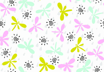 Vector seamless pattern with simple dragonflies drawn by children's hands. Trendy and fashionable print for boys and girls. Illustration for envelopes, textiles, notebooks, and holidays.